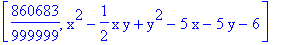 [860683/999999, x^2-1/2*x*y+y^2-5*x-5*y-6]